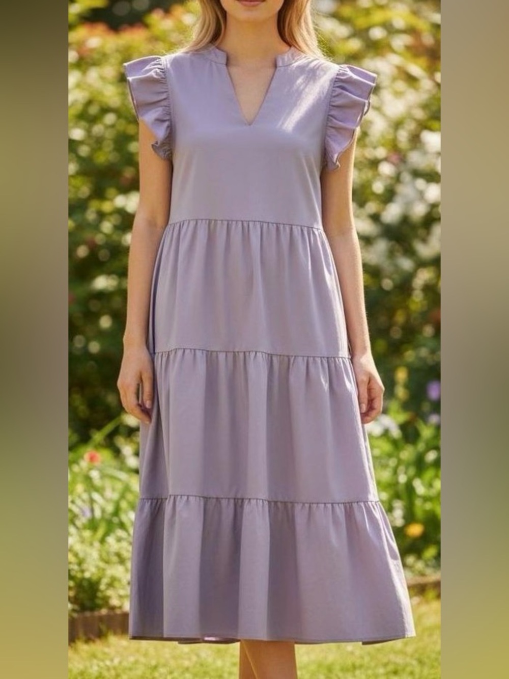 entro Dusty Lavender Tiered Midi Dress with Ruffle Sleeves